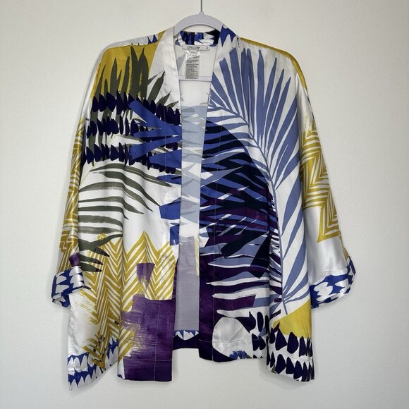 Chicos Costa Collace Short Kimono L XL Blue Floral Geometric Ruana - Picture 1 of 10